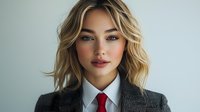 Professional blonde businesswoman in formal suit with red tie portrait for corporate marketing and business presentations.