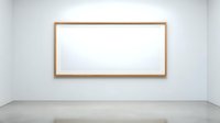 Empty wooden frame hanging on white wall in minimalist gallery space with concrete floor for artwork display and interior design projects.