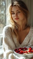 Young Caucasian woman in white knit sweater holding bowl of fresh raspberries near window, natural sunlight illuminating blonde hair and creating soft morning atmosphere.