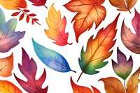 Vibrant watercolor autumn leaves in rainbow gradient colors create seamless pattern on white background, featuring maple, oak and feather-shaped foliage designs.