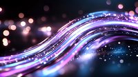 Glowing wavy lines with purple and blue neon light effects against dark background, sparkling bokeh particles create magical atmosphere for abstract designs.