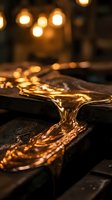 Molten gold pouring from crucible in foundry workshop with warm bokeh lights creating atmospheric industrial metalworking scene for luxury craftsmanship concepts.