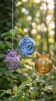 Colorful glass ornaments hanging from chains in garden with soft bokeh background creating peaceful outdoor decoration atmosphere for relaxation and meditation.