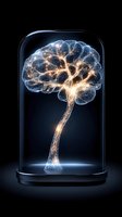 Glowing brain tree with neural networks inside glass dome on dark background representing artificial intelligence and mental growth concepts.
