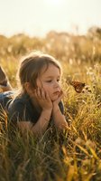 Young blonde girl lying in golden grass field watching monarch butterfly during warm sunset light creating magical childhood nature moment.