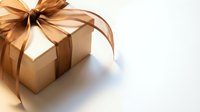 Elegant gold gift box with luxurious bronze ribbon bow on clean white background, perfect for holiday celebrations, birthdays, and special occasions.