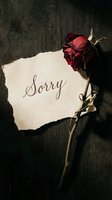 Dried red rose and torn paper note with Sorry in cursive script on dark rustic wood, evoking apology, regret, and emotional depth.