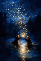 Magical night scene with two otters in water creating glowing heart shapes rising into starry sky, surrounded by silhouetted forest and moonlight reflections.