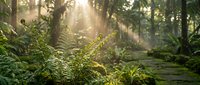 Sunlight filters through dense forest canopy, illuminating lush green vegetation and moss-covered ground in a serene woodland environment.