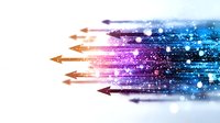 Glowing arrows moving forward through cosmic space with sparkles and light trails, symbolizing digital transformation and future technology advancement.
