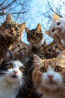 Group of curious cats looking up at camera against blue sky with tree branches, featuring mixed breeds with varied fur colors and expressive eyes.