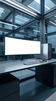 Modern office workspace with blank computer monitor and keyboard on desk in glass building for business presentations and corporate design mockups.
