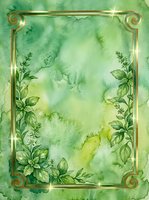 Watercolor green background with ornate gold frame and botanical leaf elements, suitable for invitations, cards, and design projects.