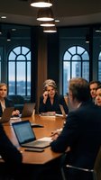 Professional businesswoman leading corporate board meeting in modern conference room with colleagues discussing strategy and financial planning.