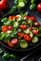 Fresh garden salad with cherry tomatoes, sliced cucumbers and basil leaves on black plate. Seasoned with pepper and olive oil. Dark wooden background.