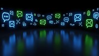 Digital communication icons floating in cyberspace with glowing neon effects on dark background for technology and networking concepts.