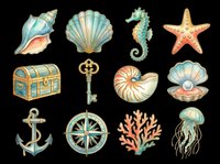 Nautical sea creatures and ocean elements collection isolated on transparent background, ready for t-shirt design, clipart, stickers, sublimation and print-on-demand projects.