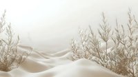 Serene winter landscape with snow-covered dunes and frost-coated plants creating a minimalist, ethereal scene in soft beige tones.