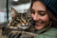 Young Caucasian woman in winter hat and jacket smiling while cuddling with Maine Coon cat, showing loving bond between pet owner and feline companion.