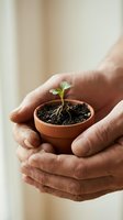 Hands gently protecting small green seedling growing in terracotta pot with dark soil, symbolizing care, growth, environmental protection and nurturing life.