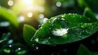 Macro photography of morning dew drops on green leaf surface with natural bokeh light effect and sun rays creating magical nature atmosphere.