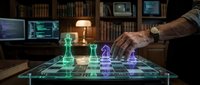 Strategic business planning with holographic chess pieces on digital board in executive office environment for corporate decision making.