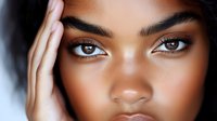 Close up portrait of young African American woman with flawless glowing skin, brown eyes and natural makeup showing beauty and confidence in soft lighting.