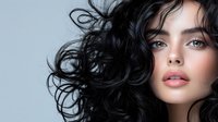 Young woman with flowing black curly hair and natural makeup against light background, expressing confidence and beauty in modern portrait style.