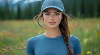 Young Caucasian woman with long brown braided hair wearing blue athletic shirt and baseball cap smiling outdoors in wildflower meadow with forest background.
