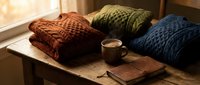 Cozy knit blankets in warm autumn tones arranged on wooden table with hot beverage and book by window for home decor and lifestyle content.