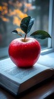Fresh red apple with water drops and green leaves placed on open book near window, moody atmospheric lighting creates magical educational setting.