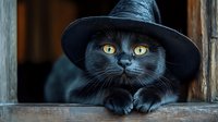 Black cat with bright yellow eyes wearing witch hat resting on wooden windowsill, mysterious Halloween atmosphere with dark background and dramatic lighting.