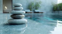 Balanced zen stones stacked on reflective water surface with soft turquoise tones and blurred spa background creating peaceful atmosphere for wellness design.