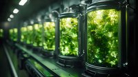 Futuristic bioreactor tubes containing glowing green algae cultures in modern laboratory setting, illuminated by fluorescent lights creating dramatic perspective.