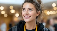 Young Caucasian businesswoman with blonde hair in casual attire smiling confidently in modern office environment with warm bokeh lighting background.