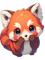 Cute cartoon red panda with large blue eyes and paws near face, illustrated in kawaii anime style on white background.