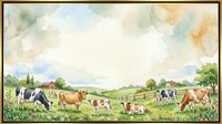 Watercolor pastoral scene with dairy cows grazing in green meadow, farm buildings and wooden fence in background, soft artistic style for rustic decor.