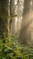 Young fern fronds unfurling in sunlit forest with soft bokeh light filtering through trees creating peaceful natural woodland atmosphere.