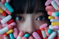Close up view of Asian female eyes with straight black bangs framed by colorful pharmaceutical capsules and pills creating artistic medical composition.