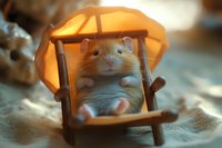 Adorable hamster relaxing in miniature beach chair with warm glowing umbrella, creating cozy summer vacation atmosphere on sandy background.