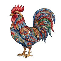 Colorful rooster with ornate patterned feathers in red, blue, and gold tones, isolated on white background for design projects and decorative use.