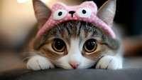 Adorable cat wearing pink knitted hat with cute animal face design lying down with paws forward, looking at camera with big expressive eyes and sweet expression.