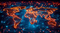 Glowing orange world map outline on dark blue background with connected network lines and particles. Global digital connectivity concept for business.