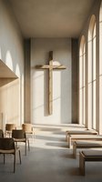 Minimalist chapel interior with wooden cross mounted on white wall, natural light streaming through large windows, simple wooden benches and chairs, concrete flooring, serene worship space for religious contemplation and prayer.