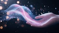 Glowing magical wave flowing above female hand silhouette against dark background with sparkles and bokeh lights creating mystical atmosphere.