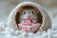 Adorable white mouse peeking out from cozy knitted scarf holding small pink gift box with bow, sitting in soft white texture. Perfect for holiday and celebration designs.