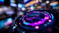 Futuristic macro lens reflection with vibrant purple and blue bokeh lights creating dynamic technological atmosphere, abstract circular pattern for digital concepts.