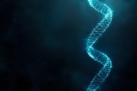 Glowing blue DNA helix structure on dark background, genetic research visualization showing molecular biology and chromosome structure for science concepts.