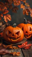Carved jack o'lantern pumpkins with spooky faces surrounded by autumn maple leaves on rustic wooden background, moody fall seasonal composition.