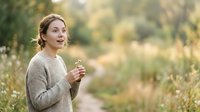 Woman in beige sweater holding wildflowers in meadow, looking upward with wonder. Outdoor nature portrait for lifestyle and wellness content.